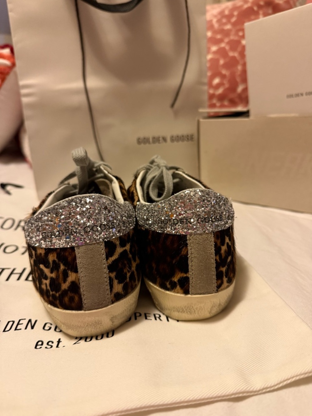Golden Goose Leopard Print Sneakers with Green Star and Silver Heel - Picture 5 of 9